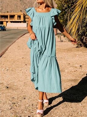 Aqua Blue Ruffle Sleeve Maxi Dress